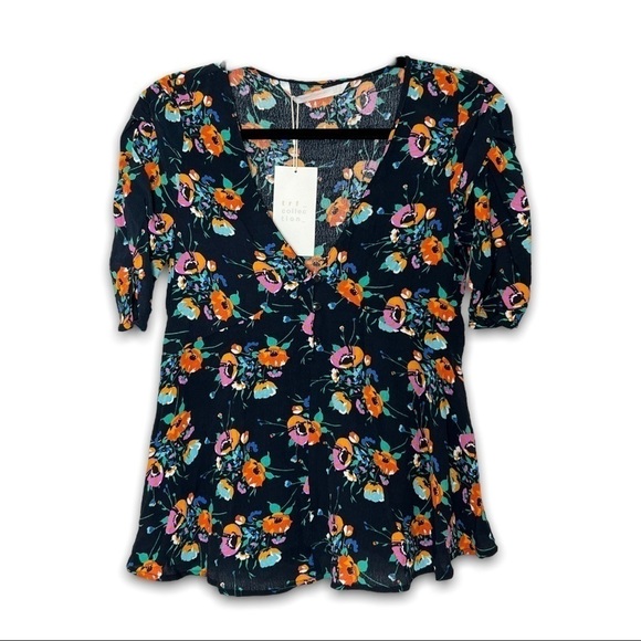 NWT ZARA 90s Babydoll Button Front Floral Ruched‎ Short Sleeves V-Neck Top XS - Picture 2 of 8